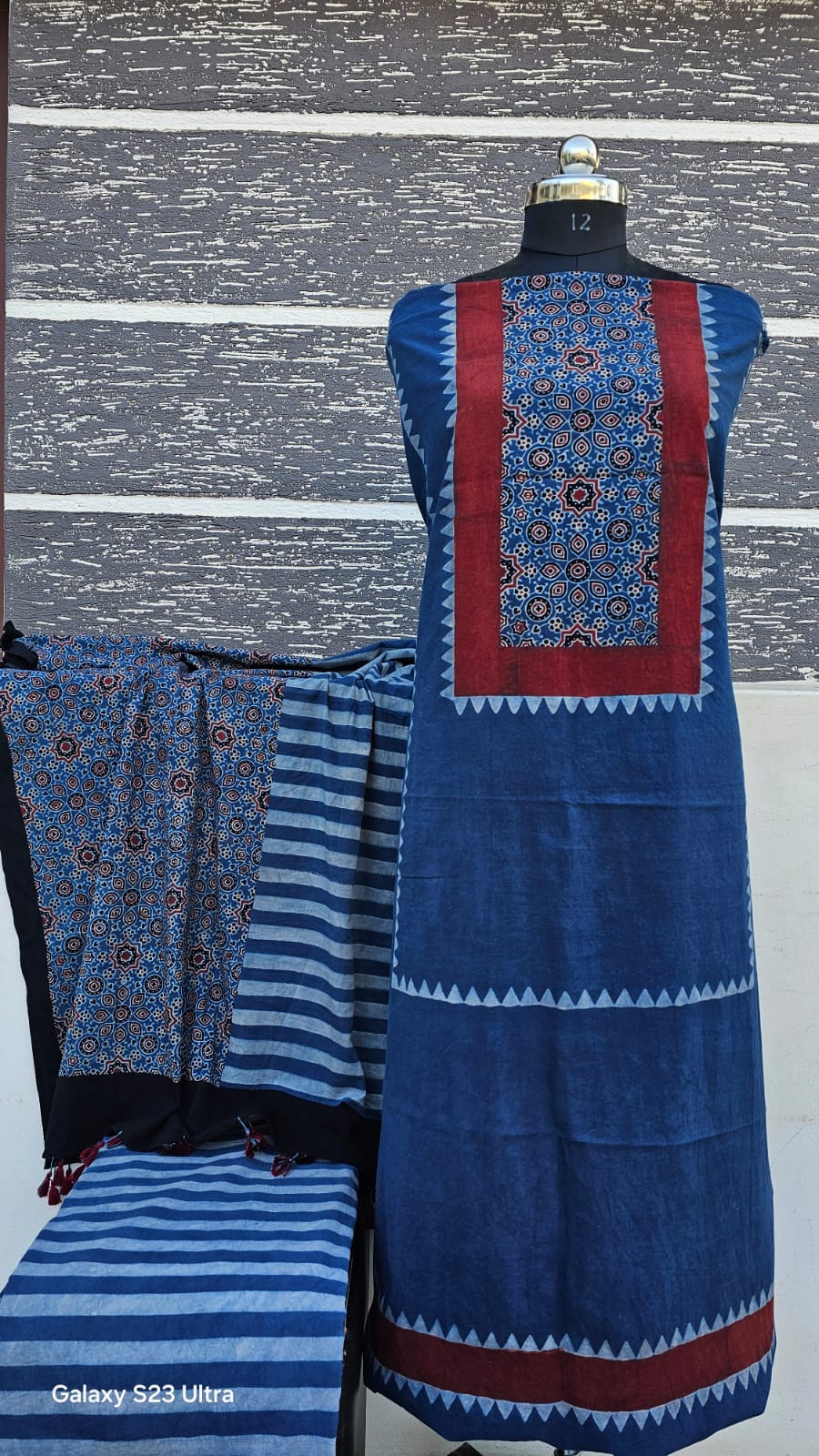 Ajrakh Natural Hand Block Printed Cotton 3pcs Suit - Dress Materials